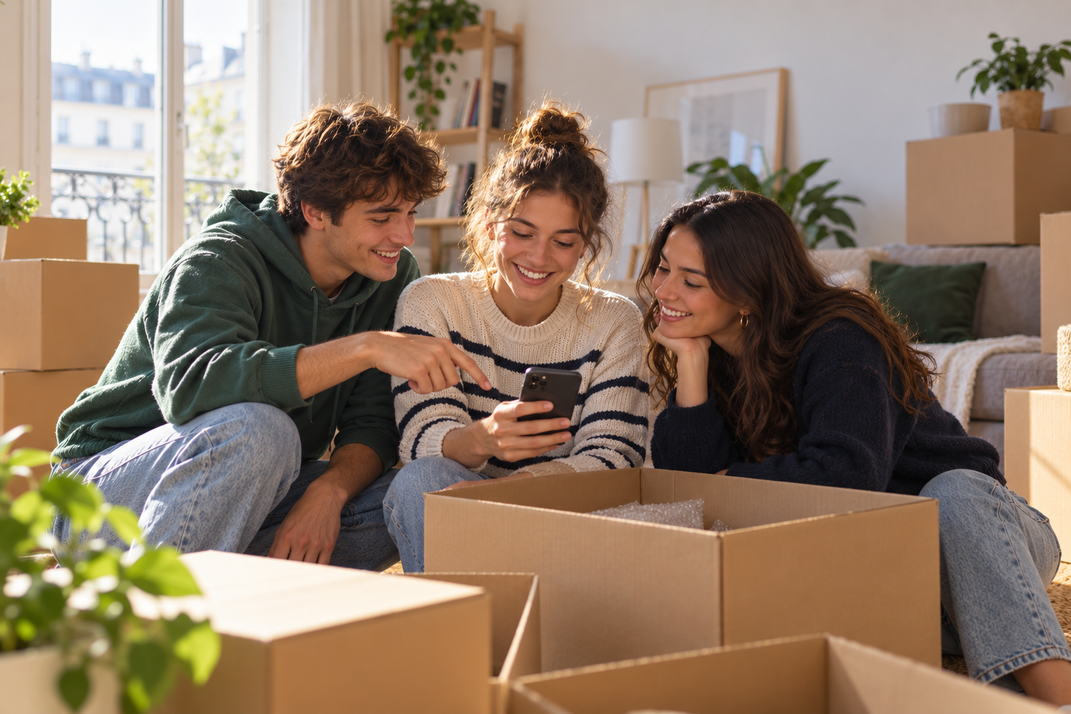 Trois amis regardant un smartphone entourés de cartons de déménagement