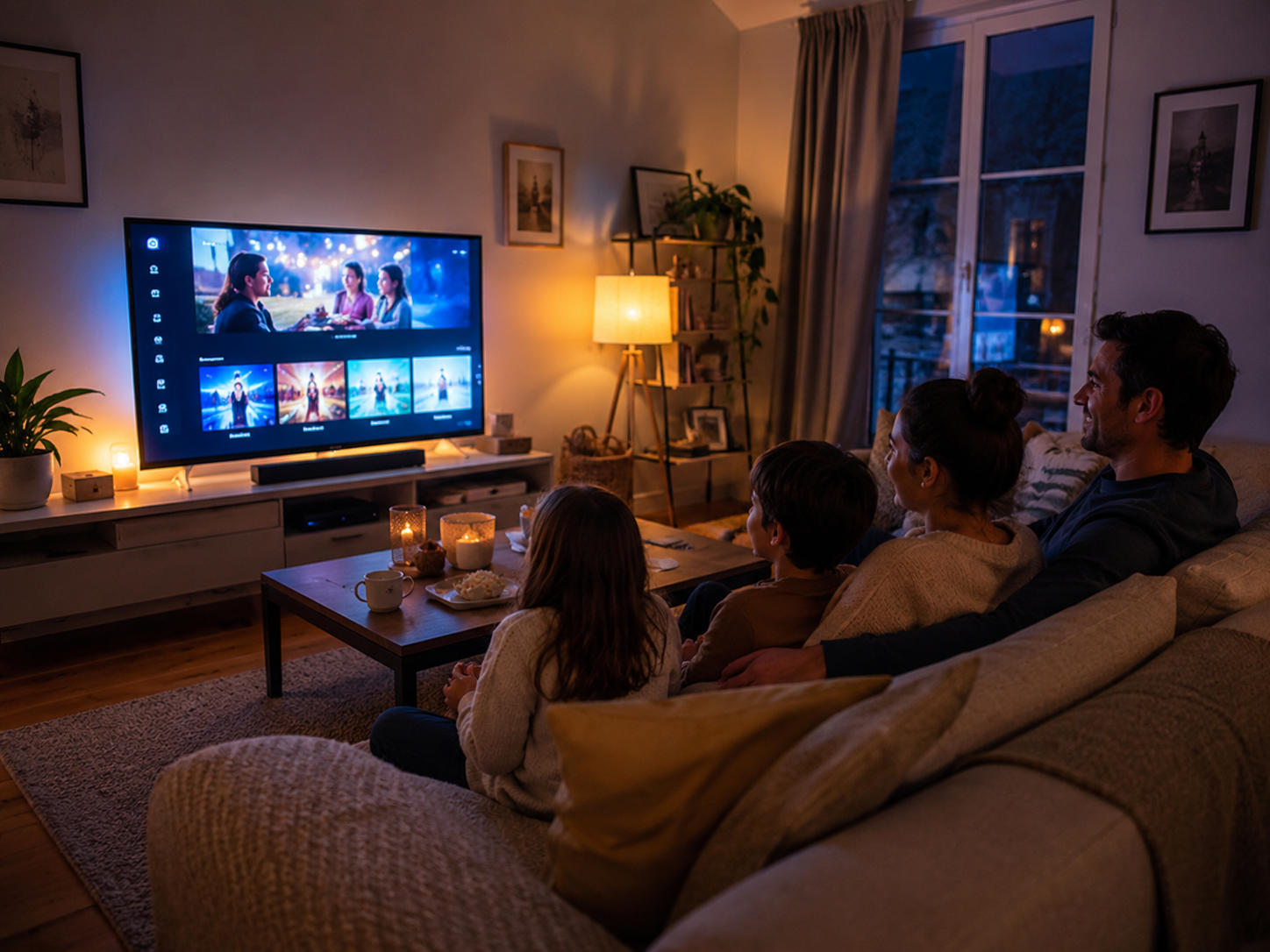 Famille regardant un film en streaming sur une smart TV dans le salon